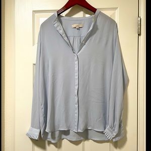 Loft Powder Blue Pleated Blouse with Pear Cuff